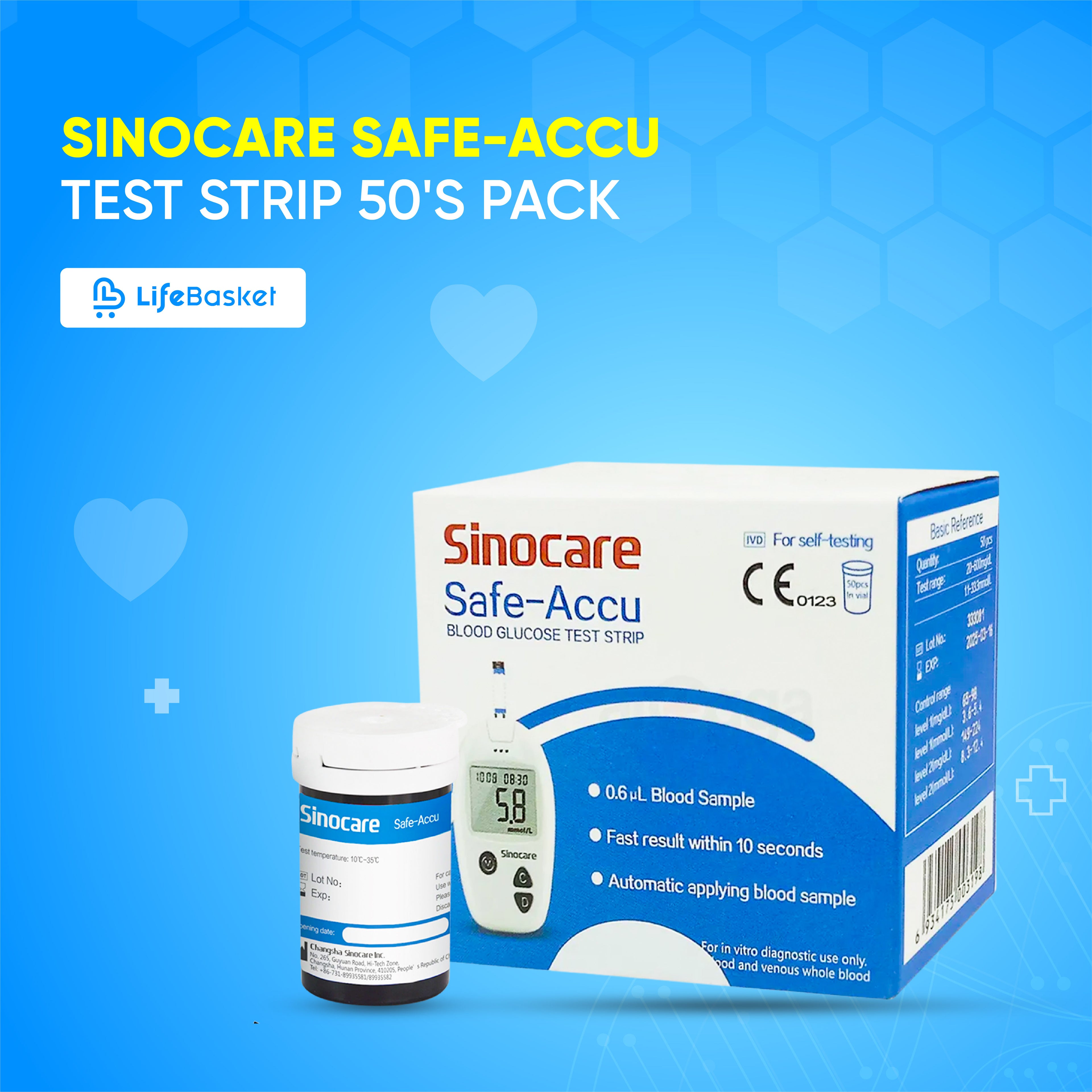Sinocare Safe Accu Blood Glucose Strip 50's Pack (Blue)