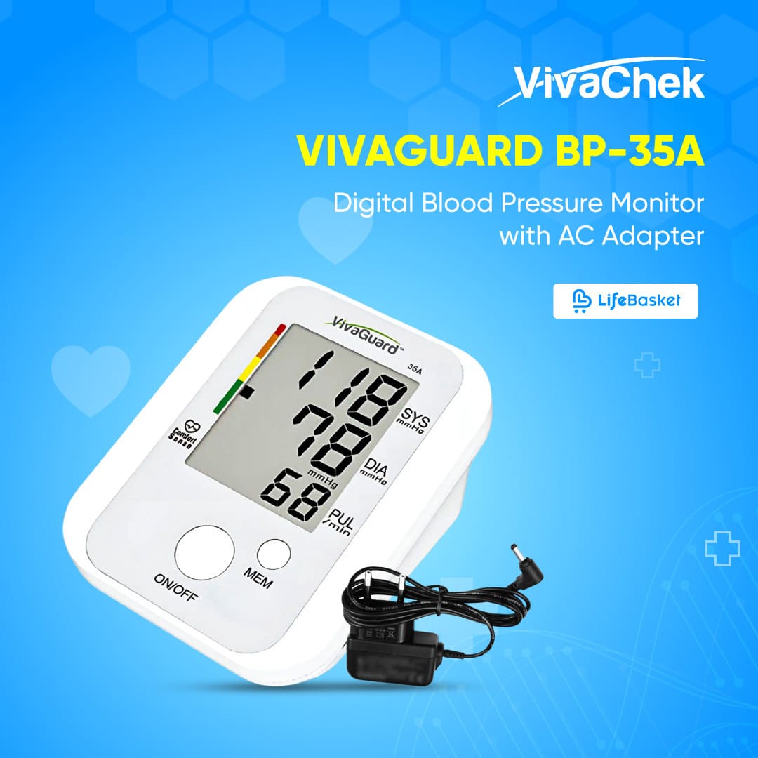 VivaChek VIVAGUARD BP-35A digital blood pressure monitor with AC adapter on a blue background